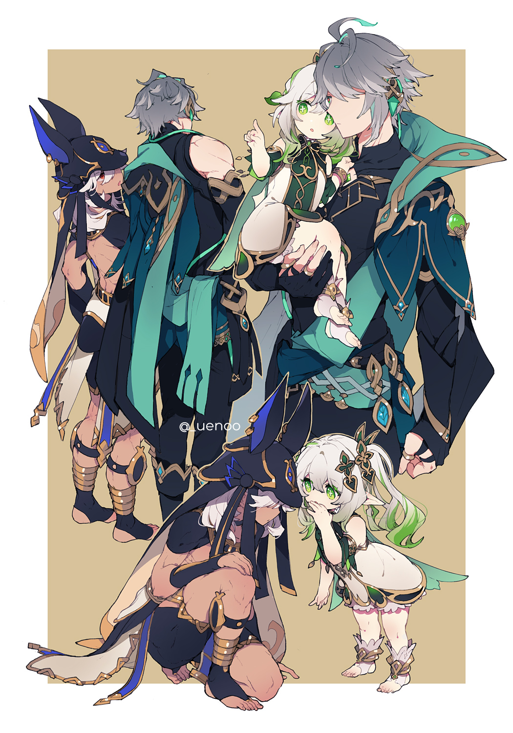 1girl, 2boys, alhaitham_(genshin_impact), animal_ears, animal_hood, aqua_cape, bangs, black_pants