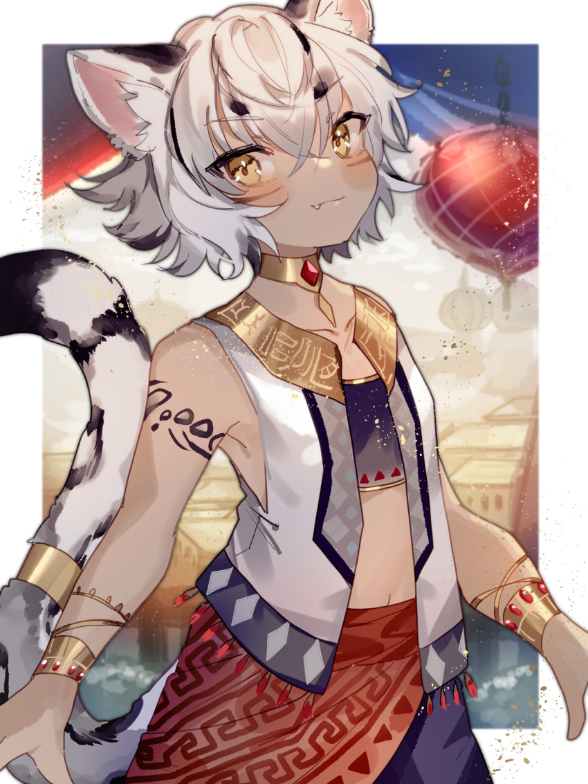 1boy, animal_ears, black_hair, bracelet, cat_boy, dark_skin, facial_mark, fang, fang_out, highres, indie_virtual_youtuber, jewelry, mihos_(vtuber), multicolored_hair, non-web_source, ocelot_ears, ocelot_tail, short_hair, solo, sorani_(kaeru0768), tail, two-tone_hair, virtual_youtuber, whisker_markings, white_hair, yellow_eyes