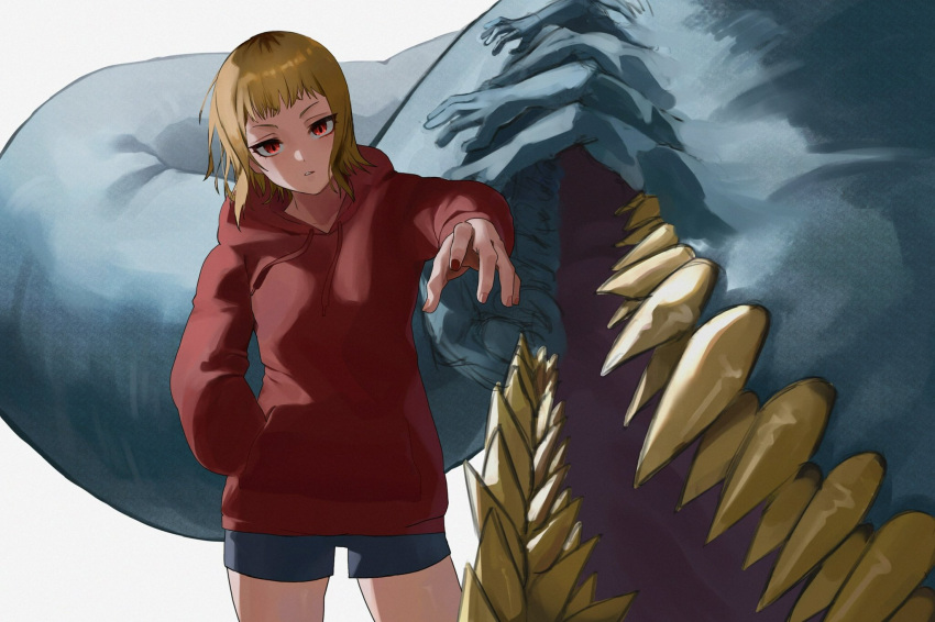 1girl, akane_sawatari_(chainsaw_man), bangs, blonde_hair, chainsaw_man, highres, hood, hoodie