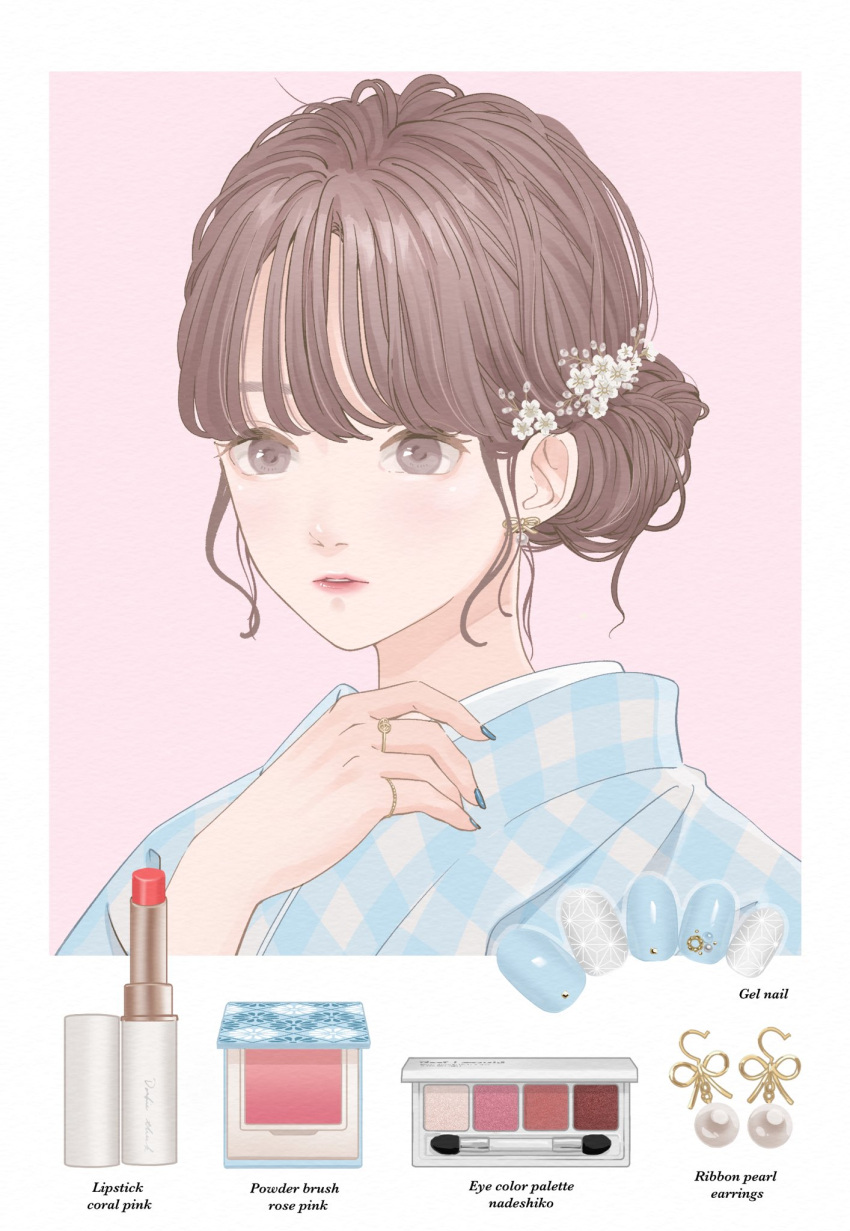 1girl, bangs, blue_kimono, blue_nails, brown_hair, cosmetics, earrings, english_text