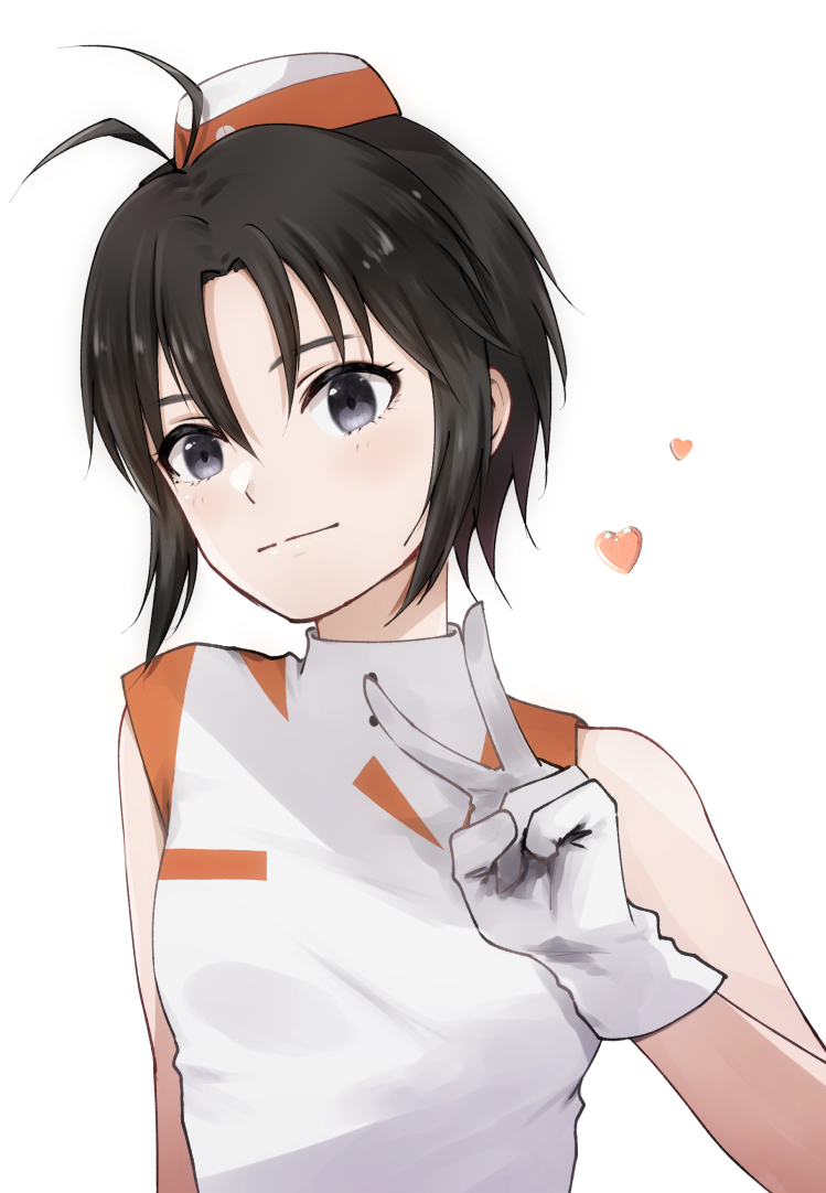 1girl, :|, antennae, bangs, black_eyes, black_hair, breasts, closed_mouth