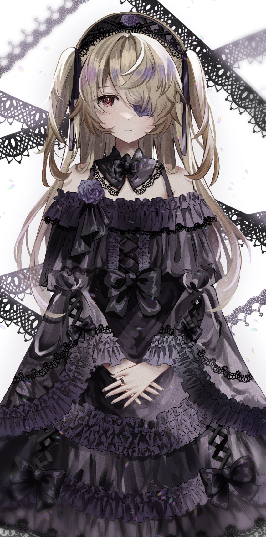 absurdres, black_bow, black_bowtie, black_dress, black_flower, black_headdress, black_rose, blonde_hair, bow, bowtie, breasts, dress, eyepatch, fischl_(genshin_impact), flower, flower_eyepatch, frilled_dress, frills, genshin_impact, gothic_lolita, hair_ribbon, highres, jewelry, lace_dress, lolita_fashion, long_hair, medium_breasts, off-shoulder_dress, off_shoulder, princess_dress, purple_bow, red_eyes, ribbon, ring, rose, serious, two_side_up, white_background, yusura_xxx