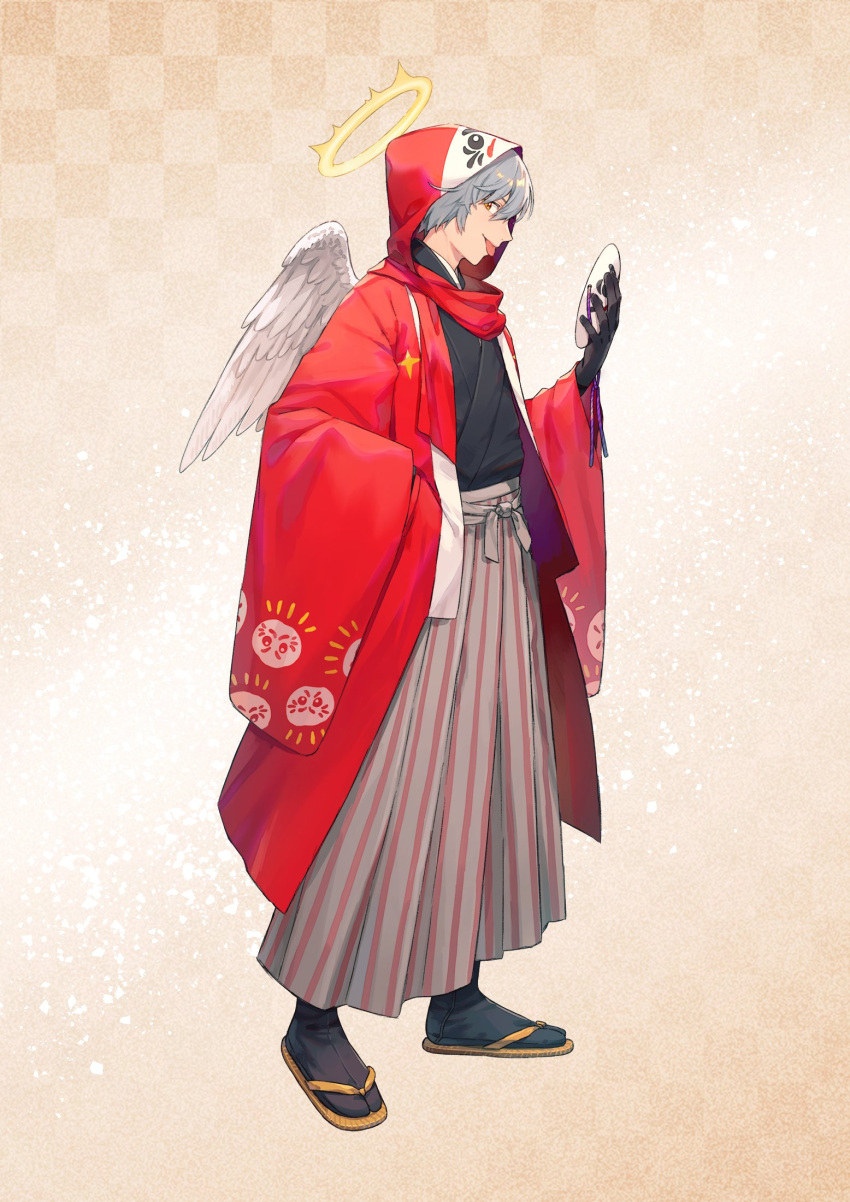 1boy, bangs, black_gloves, black_kimono, black_socks, brown_hakama, closed_mouth, crazy_raccoon