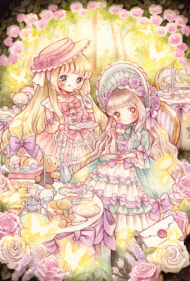 2girls, aqua_bow, aqua_dress, aqua_headwear, bangs, blonde_hair, blush, boater_hat
