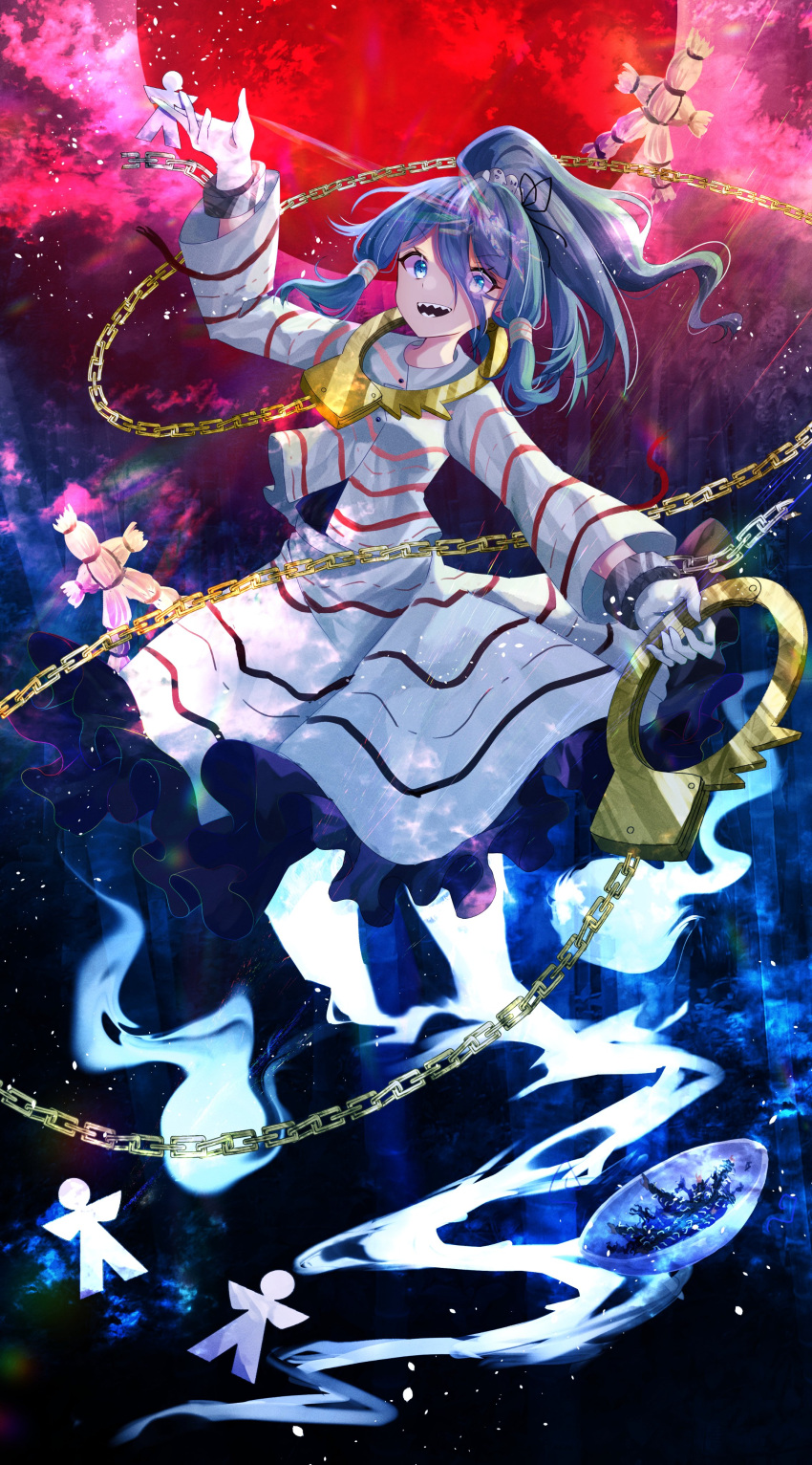 1girl, absurdres, blue_eyes, blue_hair, chain, cuffs, fireball, full_body