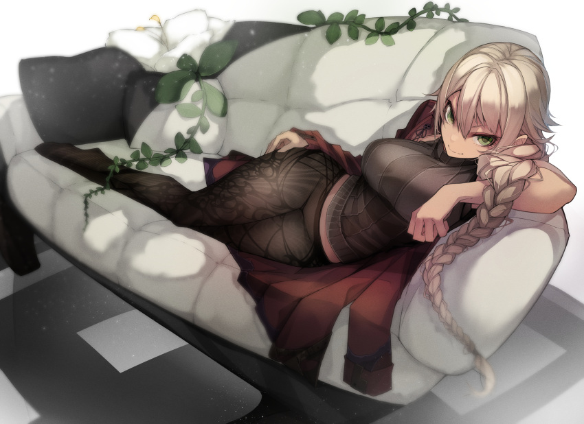 1girl, braid, breasts, coat, couch, green_eyes, highres, large_breasts, leaf, light_particles, long_hair, looking_at_viewer, lying, milaria, on_side, original, pantyhose, plant, red_coat, smile, solo, very_long_hair, white_hair