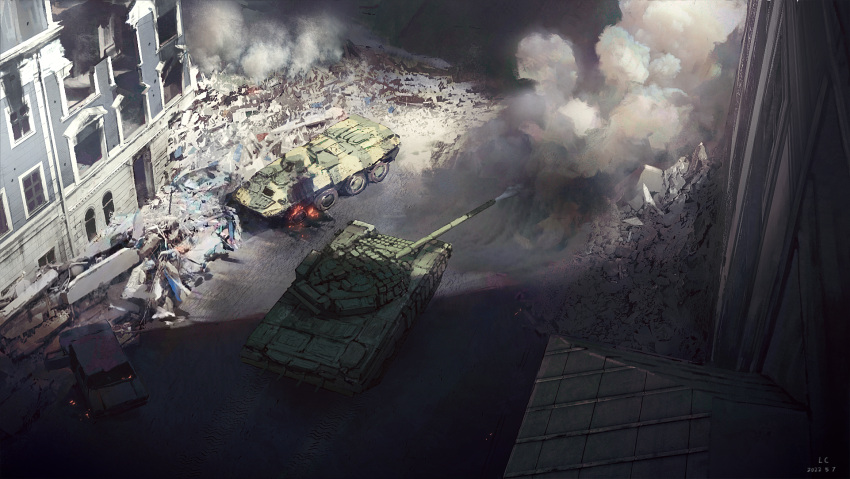 armor, battle, btr-80, building, car, caterpillar_tracks, destruction, fire, firing, ground_vehicle, gun, highres, lhlclllx97, military, military_vehicle, motor_vehicle, no_humans, road, rubble, scenery, smoke, street, t-72, tank, war, weapon