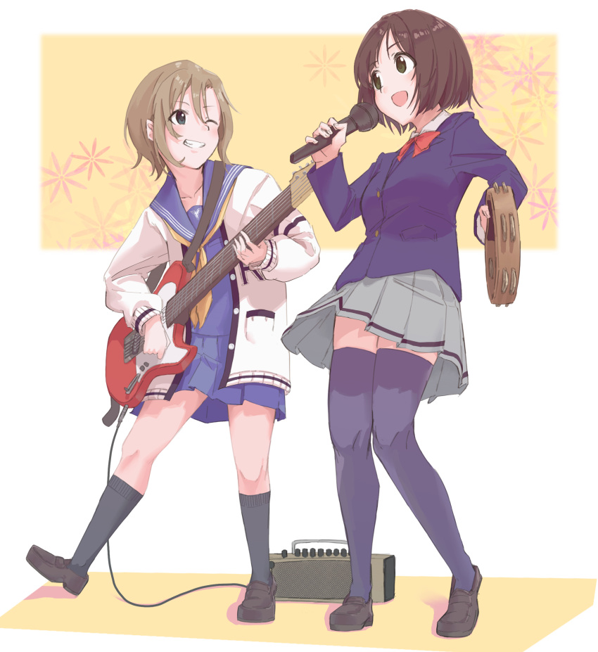 2girls, absurdres, bangs, black_socks, black_thighhighs, blazer, blue_eyes, blue_jacket