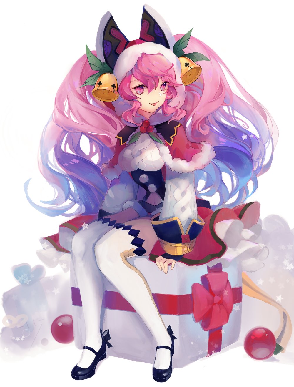 1girl, 8bupolbwaxx2mve, bangs, bell, black_footwear, blue_hair, box, capelet