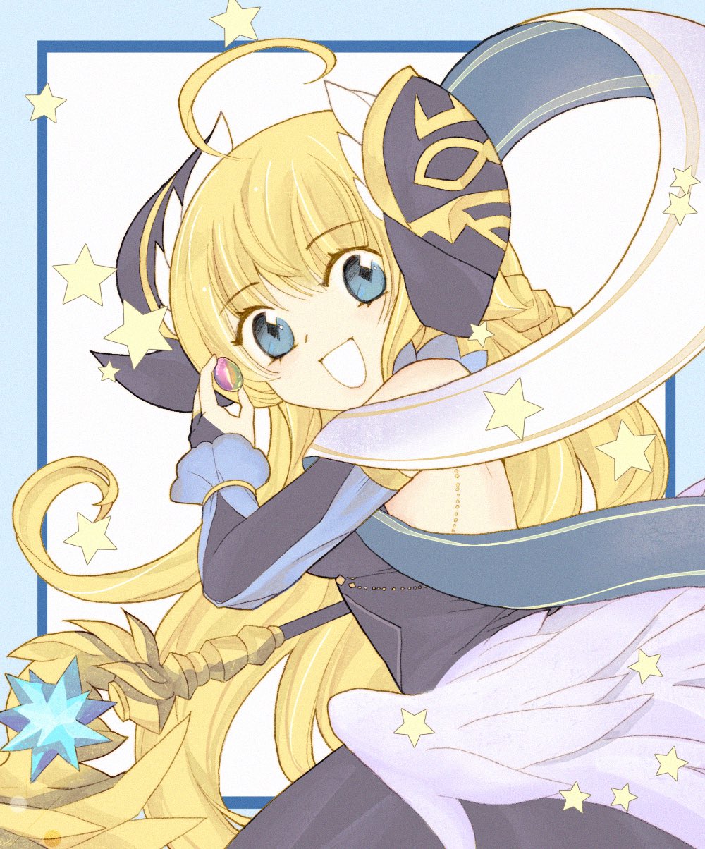 1girl, 8bupolbwaxx2mve, ahoge, bangs, blonde_hair, blue_eyes, cardcaptor_sakura, dragalia_lost, dress, fake_horns, highres, holding, holding_staff, horns, long_hair, looking_at_viewer, looking_to_the_side, open_mouth, parody, solo, staff, star_(symbol), style_parody, upper_body, very_long_hair, zena_(dragalia_lost)