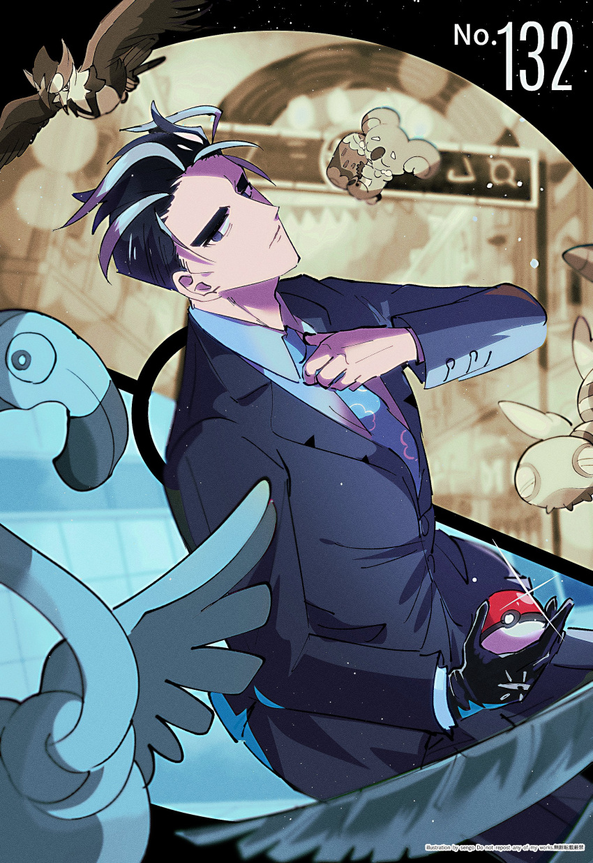 1boy, absurdres, adjusting_clothes, adjusting_necktie, artist_name, bird, black_gloves, black_hair