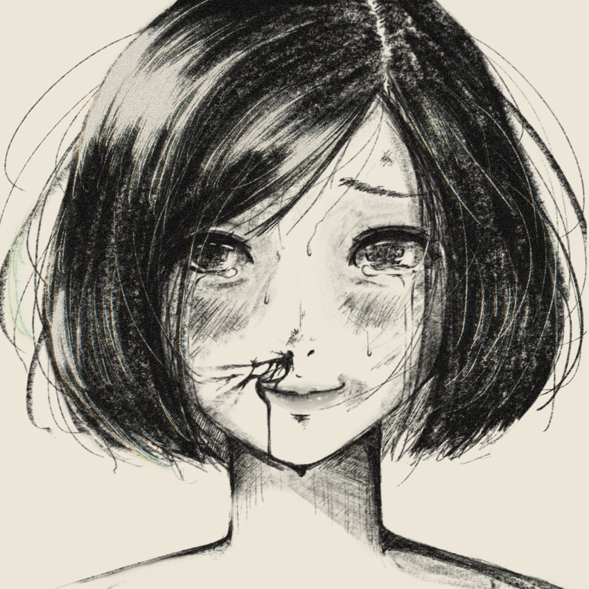 1girl, bangs, blood, blood_on_face, blush, bob_cut, close-up, closed_mouth, commentary, crosshatching, dripping, hair_strand, hatching_(texture), highres, injury, light_smile, lips, messy_hair, monochrome, nosebleed, original, oshizu, portrait, raised_eyebrows, scrape, sepia_background, short_hair, simple_background, smile, solo, swept_bangs, tearing_up, tears