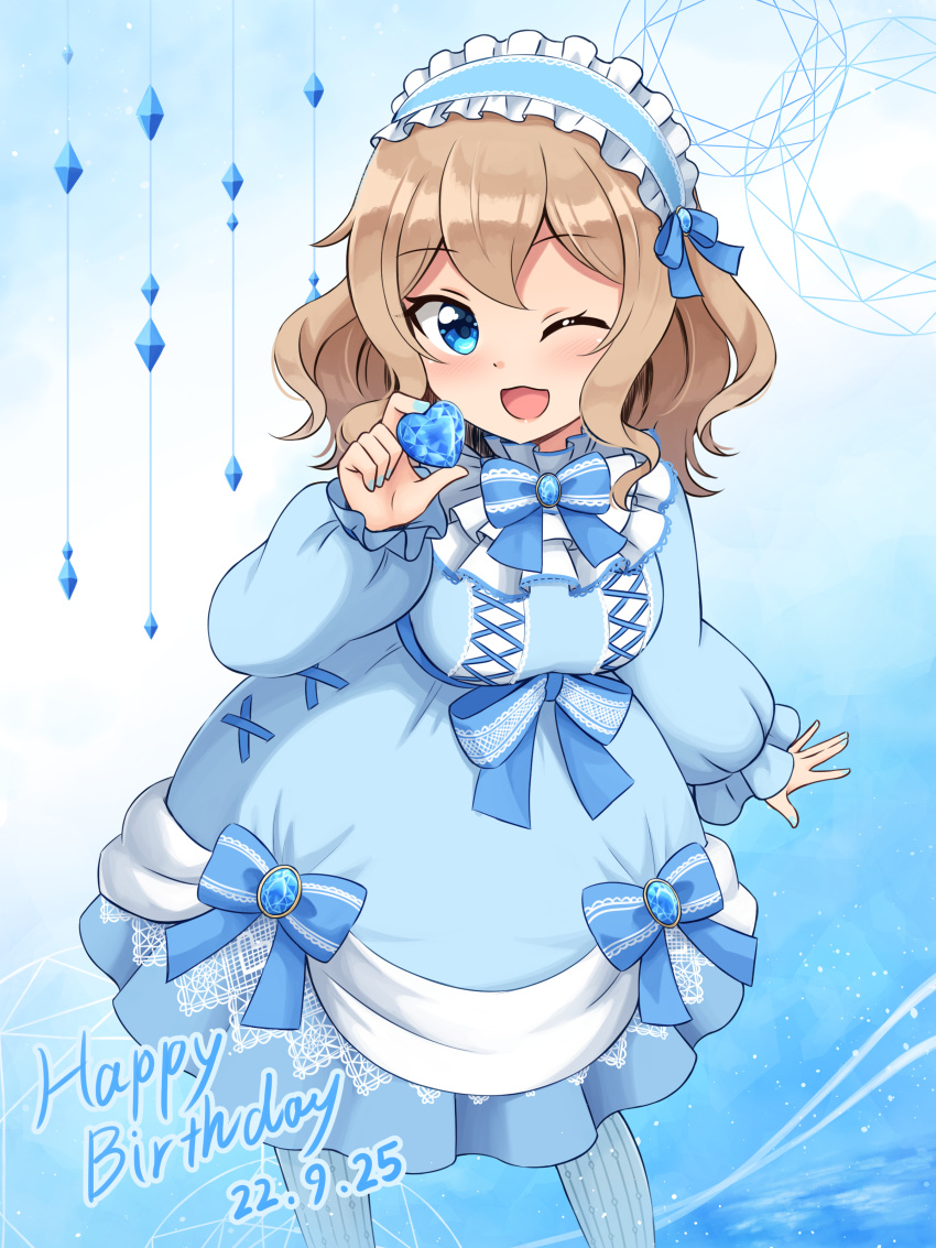 1girl, absurdres, aona_(shiraha_maru), bangs, birthday, blue_bow, blue_bowtie, blue_dress