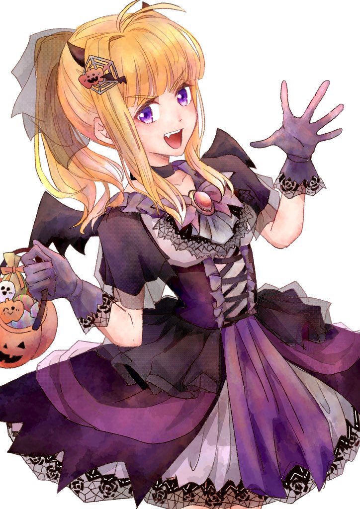 1girl, alternate_costume, bangs, bat_wings, blonde_hair, blunt_bangs, candy, clarine_(fire_emblem)