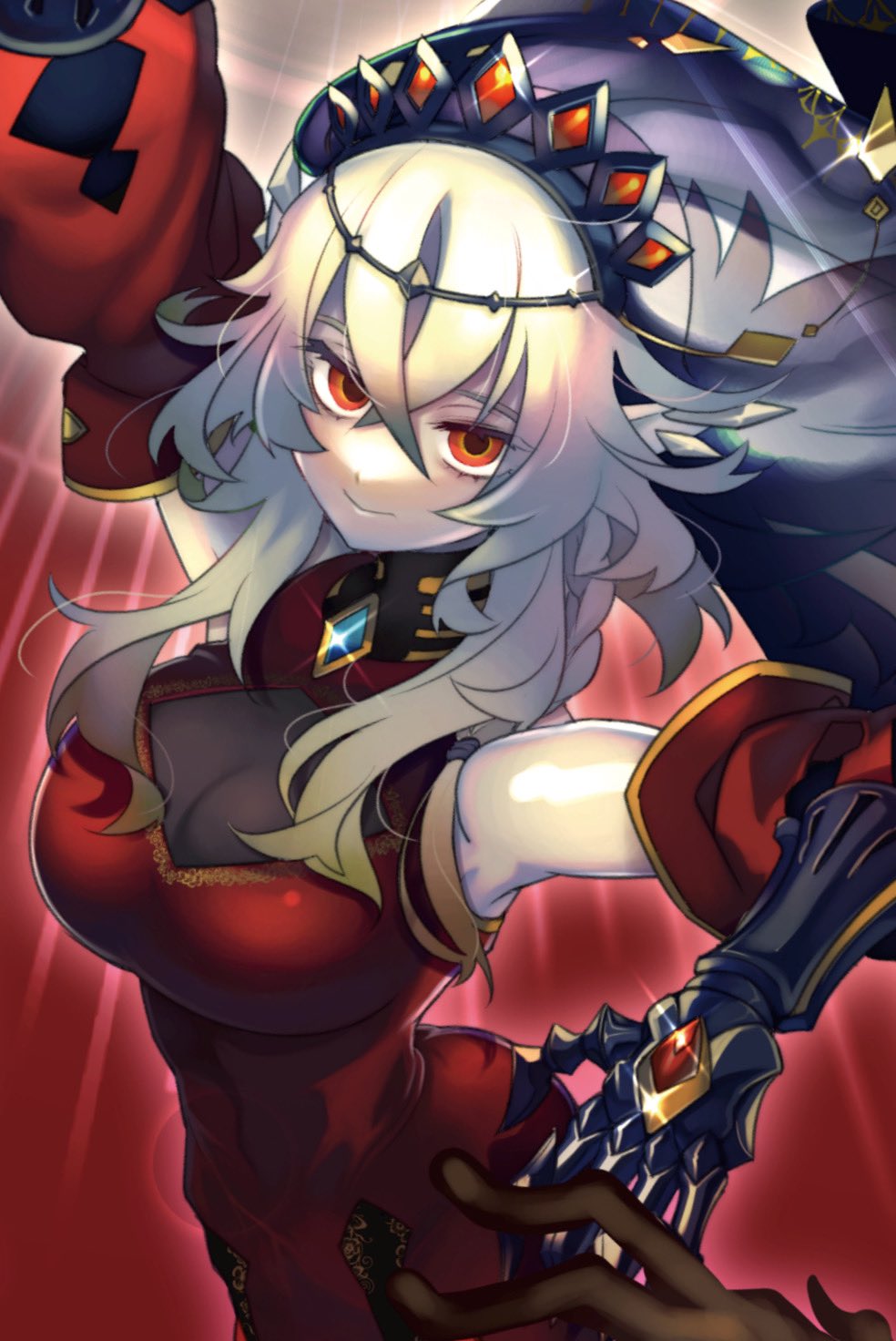 1girl, arm_up, blazing_cartesia_the_virtuous, breasts, detached_sleeves, dress, duel_monster, ecclesia_(yu-gi-oh!), empty_eyes, gauntlets, highres, long_hair, red_dress, red_eyes, senjo, tiara, veil, white_hair, yu-gi-oh!