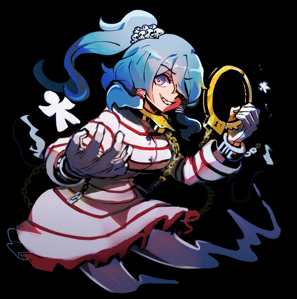 1girl, blue_eyes, blue_hair, chain, cuffs, full_body, ghost_tail, gloves