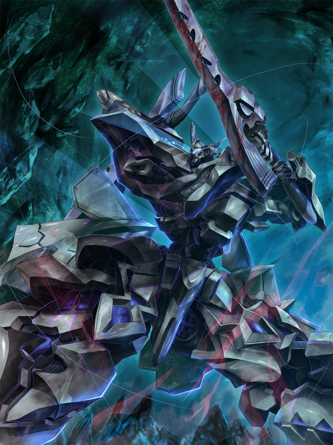 assault_visor, cave, chinese_commentary, commission, highres, holding, holding_sword, holding_weapon