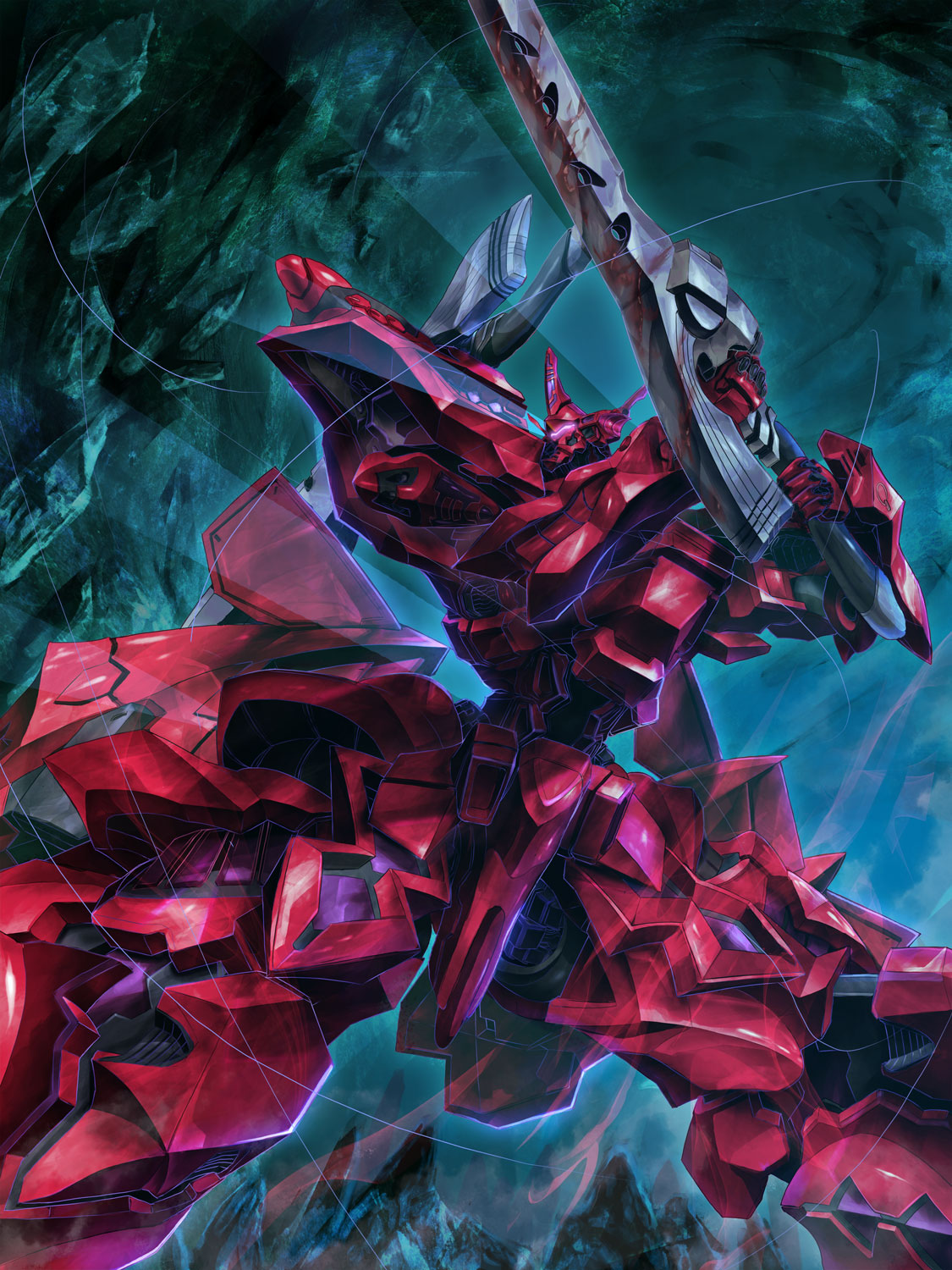 assault_visor, cave, chinese_commentary, commission, highres, holding, holding_sword, holding_weapon