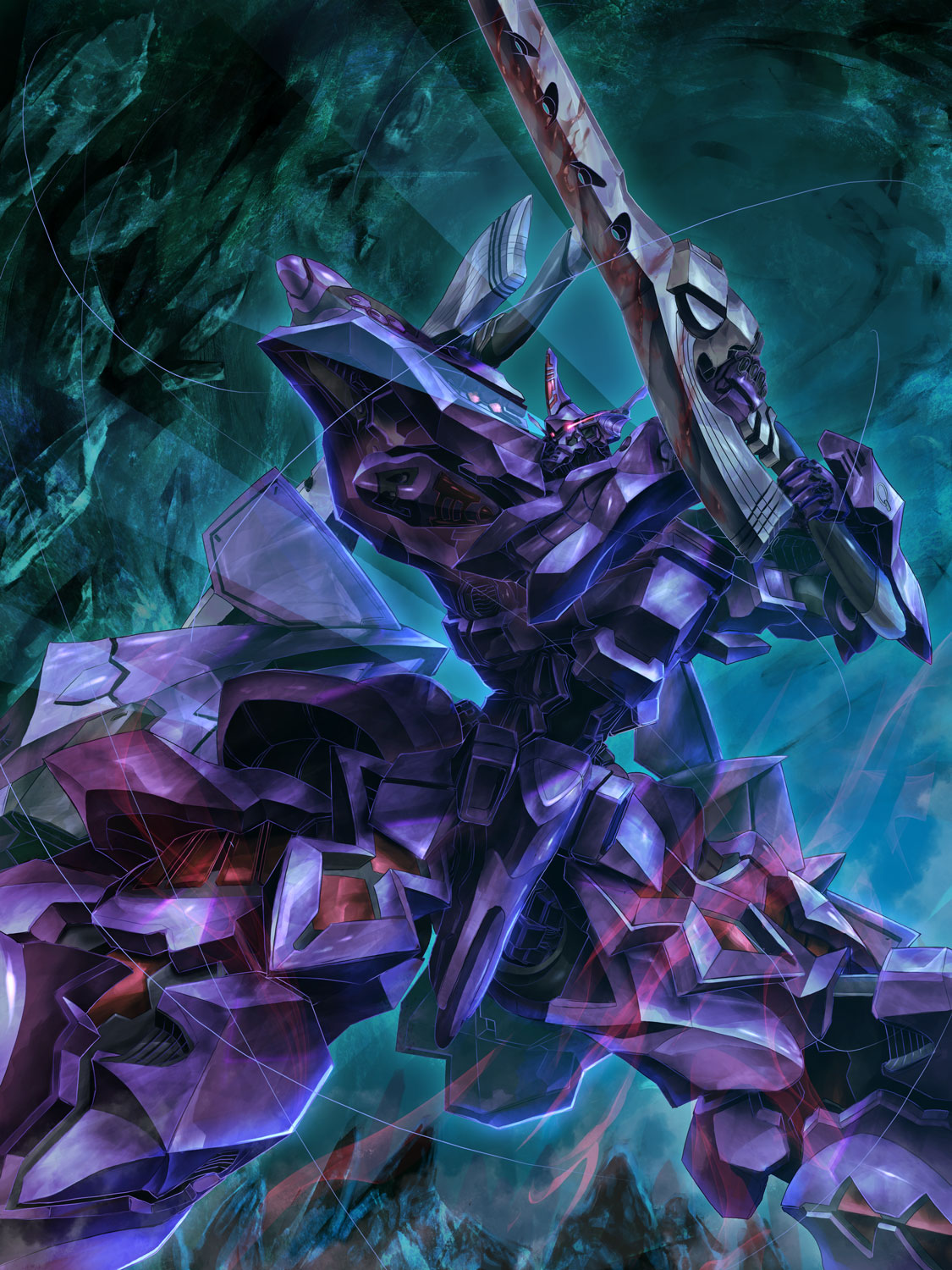 cave, chinese_commentary, commission, glowing, glowing_eyes, highres, holding, holding_sword