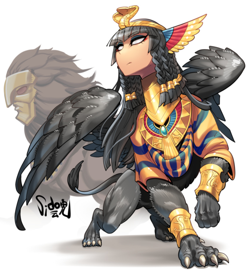 1girl, artist_name, black_fur, black_hair, black_wings, bracer, braid, claws