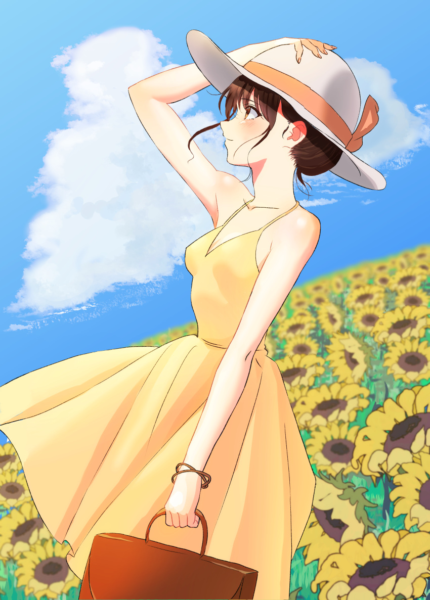 1girl, absurdres, bag, bazz000033, blue_sky, bracelet, breasts, brown_bag
