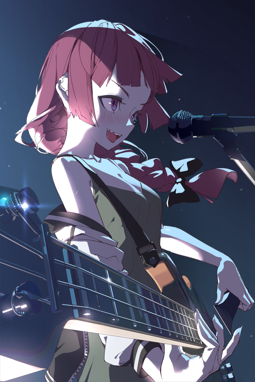 1girl, absurdres, bachi, bangs, bass_guitar, black_bow, black_jacket, blunt_bangs