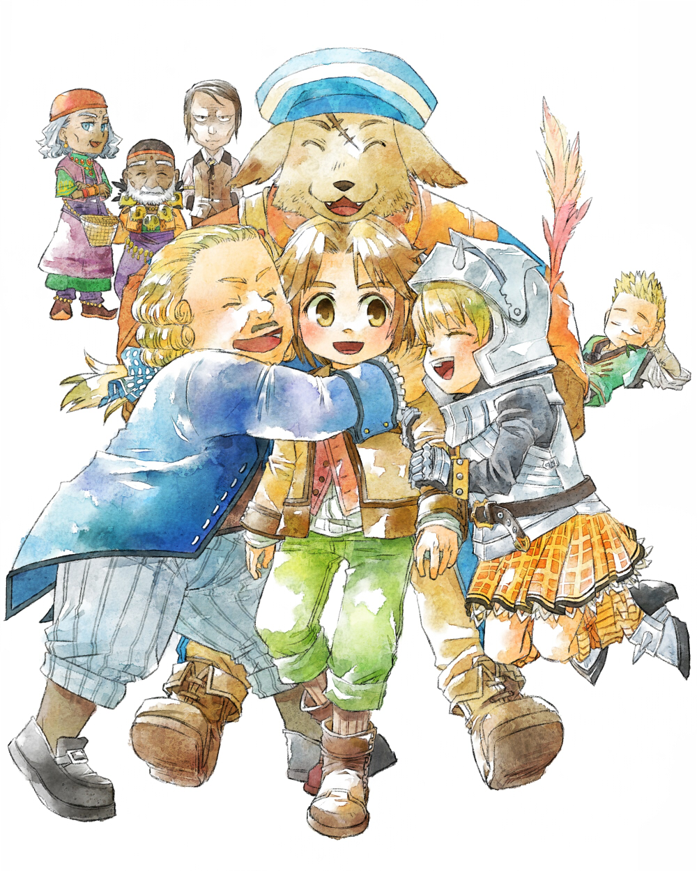 blonde_hair, brown_hair, cecile_(suikoden), dark_skin, eggru, gensou_suikoden, gensou_suikoden_iii, group_hug