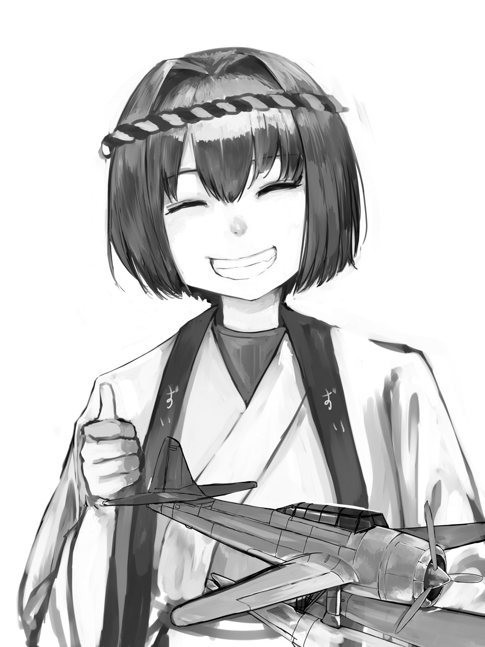 1girl, aircraft, airplane, black_ribbon, closed_eyes, commentary, greyscale, hakama, highres, hyuuga_(kancolle), japanese_clothes, kantai_collection, kurou_(bcrow), monochrome, nontraditional_miko, ribbon, short_hair, smile, thumbs_up, zuiun_(kancolle)