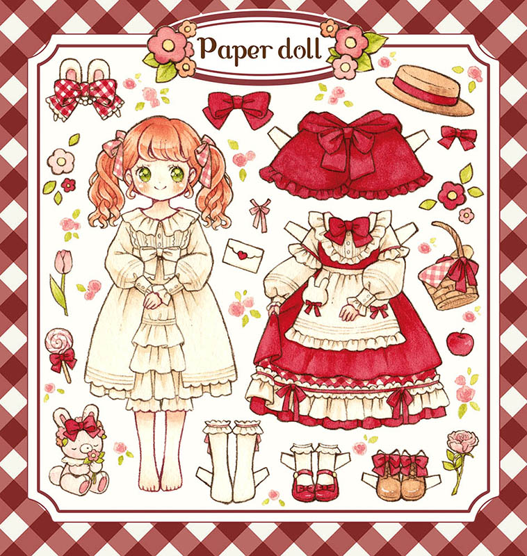 1girl, animal_ears, apple, bangs, barefoot, blush, boater_hat, bow, brown_footwear, brown_headwear, bunny_head, center_frills, child, closed_mouth, clothing_request, curly_hair, dress, dress_bow, english_text, envelope, female_child, flower, food, framed, frilled_dress, frilled_socks, frills, fruit, full_body, gingham_background, gingham_bow, green_eyes, hair_bow, heart, holding, holding_flower, kisekae, leaf, loafers, lolita_fashion, long_sleeves, original, own_hands_together, paper_doll, picnic_basket, pink_bow, pink_flower, pink_ribbon, pink_rose, pink_tulip, puffy_long_sleeves, puffy_sleeves, rabbit_ears, red_background, red_bow, red_dress, red_flower, red_footwear, red_headwear, ribbon, rose, sakano_machi, shoes, smile, socks, solo, standing, stuffed_animal, stuffed_bunny, stuffed_toy, tulip, twintails, two-tone_headwear, white_background, white_bow, white_dress, white_socks