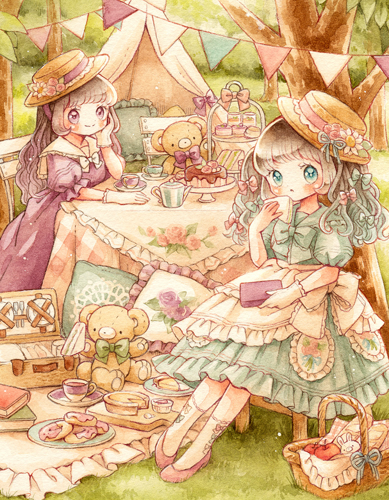 2girls, apple, apron, aqua_bow, aqua_dress, aqua_hair, bangs, blush