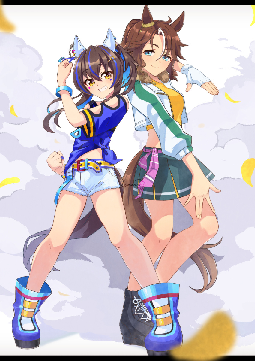 2girls, animal_ears, bangs, belt, black_footwear, blue_footwear, blue_shirt, blush