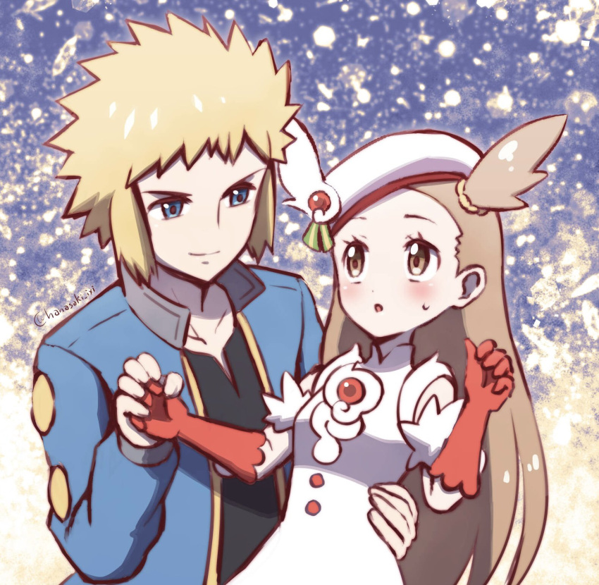 1boy, blonde_hair, blue_eyes, blush, collarbone, dress, gloves, hanasaki_(1470267)