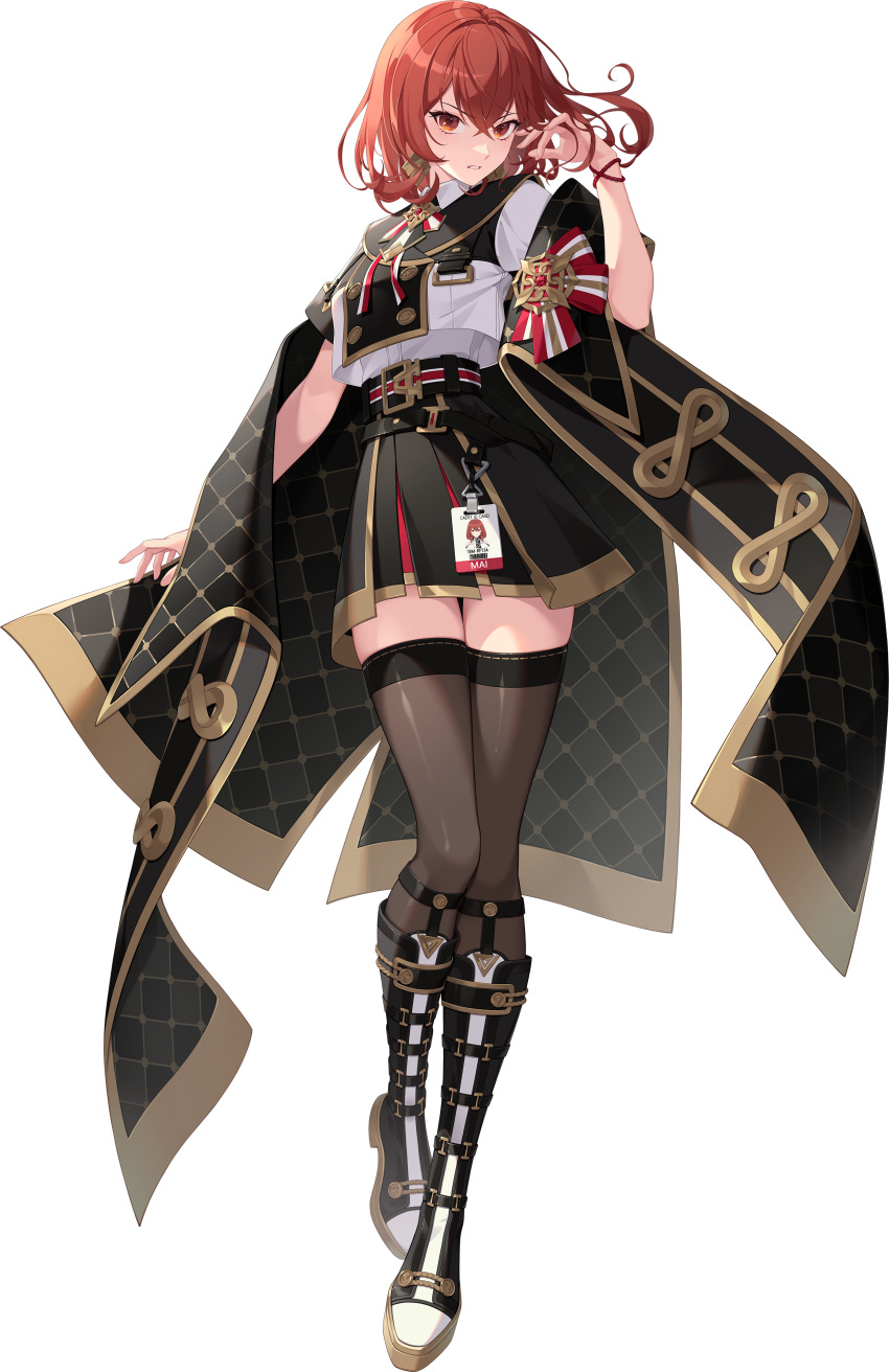 1girl, absurdres, arm_up, artist_request, bad_source, bangs, belt, belt_buckle, black_belt, black_survival, boots, bow, bracelet, buckle, buttons, checkered_clothes, checkered_shawl, crossed_bangs, double-breasted, earrings, eternal_return:_black_survival, full_body, gold_trim, hair_between_eyes, hand_in_own_hair, highres, id_card, jewelry, knee_boots, looking_at_viewer, medium_hair, multicolored_clothes, multicolored_footwear, multicolored_skirt, official_alternate_costume, official_art, orange_eyes, orange_hair, parted_lips, shawl, short_sleeves, skirt, solo, teeth, thigh-highs, tran_quynh_mai, two-tone_thighhighs, zettai_ryouiki