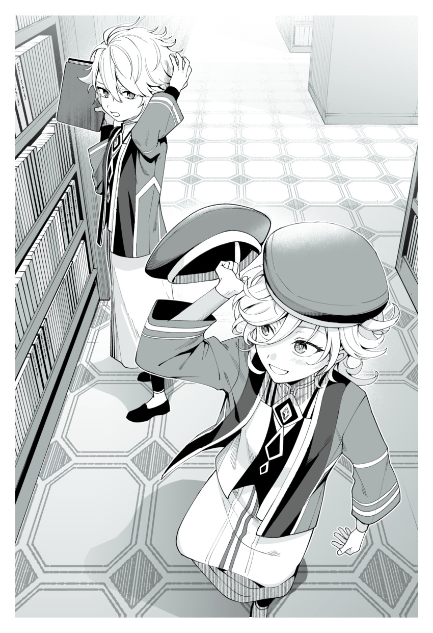 2boys, aged_down, alhaitham_(genshin_impact), bangs, blush, book, bookshelf, child