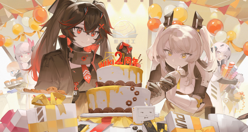 absurdres, artist_request, balloon, black_hair, bow, cake, cookie, cupcake