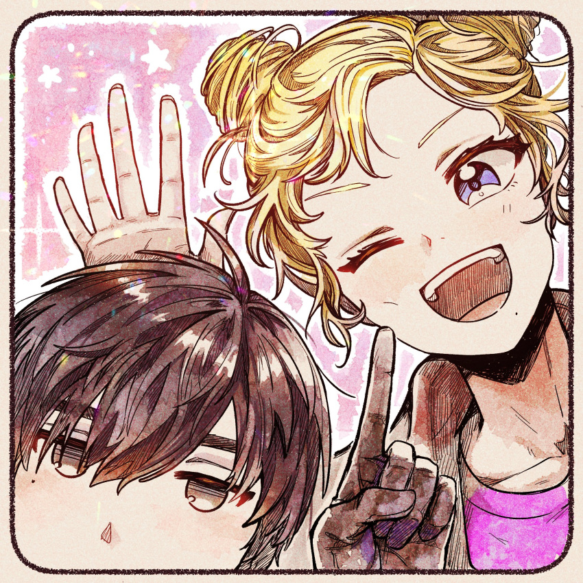 1boy, 1girl, bangs, black_hair, blonde_hair, blue_eyes, buried_stars, eunhyul