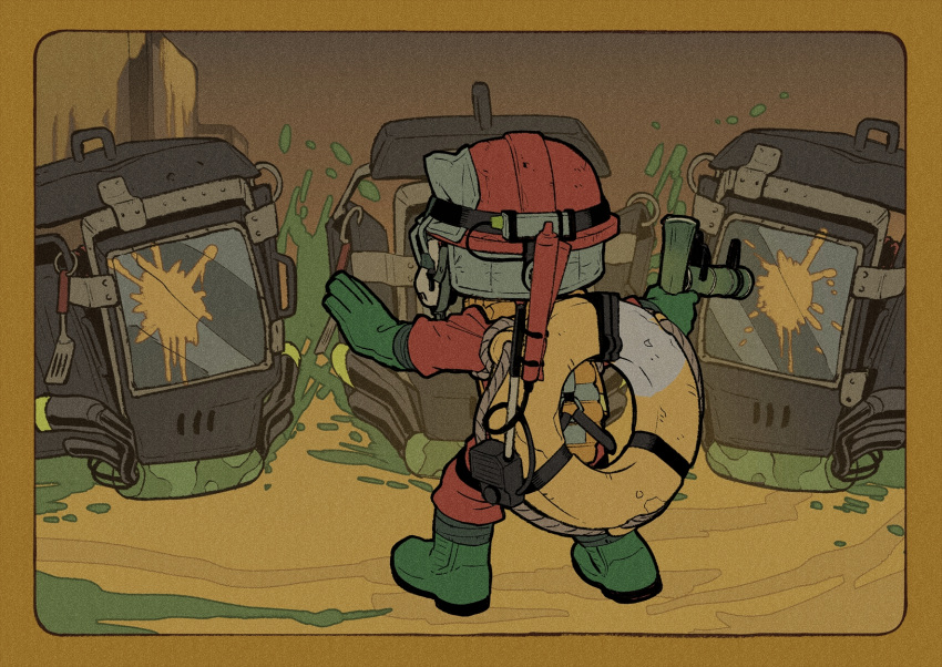 1boy, bamboozler_14_(splatoon), boots, border, gloves, green_footwear, green_gloves, headphones