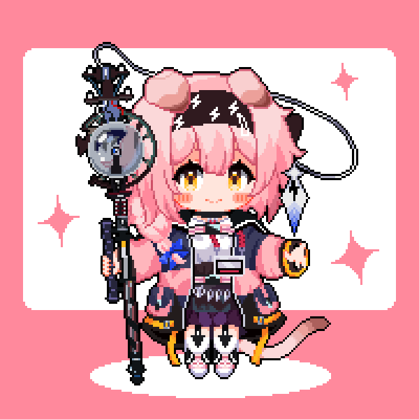 1girl, animal_ears, arknights, black_hairband, black_jacket, black_skirt, blue_bow, blush_stickers, bow, braid, cat_ears, cat_girl, cat_tail, closed_mouth, commentary_request, frilled_skirt, frills, full_body, garter_straps, goldenglow_(arknights), hair_bow, hair_over_shoulder, hairband, holding, holding_staff, jacket, lightning_bolt_print, long_hair, long_sleeves, looking_at_viewer, open_clothes, open_jacket, orange_eyes, pink_background, pink_footwear, pink_hair, pixel_art, print_hairband, seu-i, shadow, shirt, shoes, single_braid, skirt, smile, solo, sparkle, staff, tail, thigh-highs, two-tone_background, white_background, white_shirt, white_thighhighs