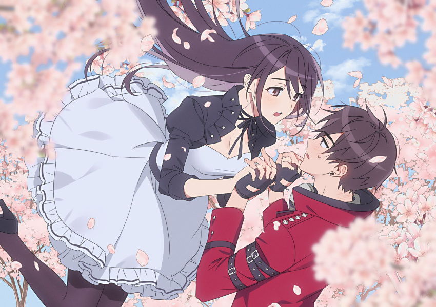 1boy, 1girl, bangs, black_hair, blush, breasts, buried_stars, dress
