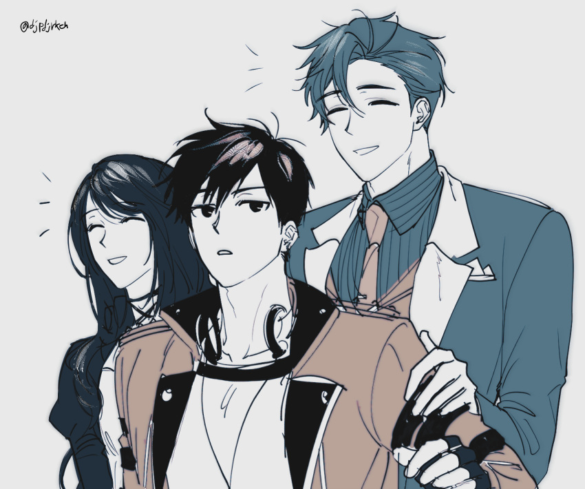 1girl, 2boys, bangs, black_hair, buried_stars, djqdjrkeh, dress, han_do-yoon