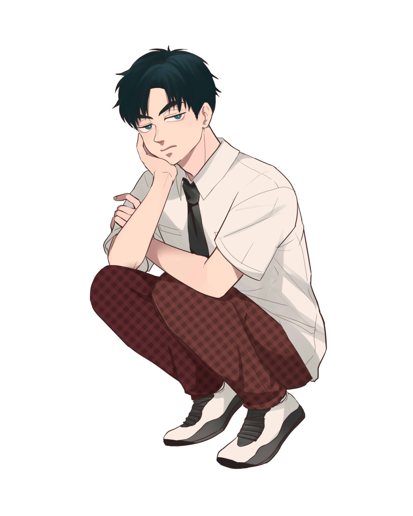1boy, absurdres, after_school_lessons_for_unripe_apples, black_necktie, brown_pants, full_body, head_rest, highres