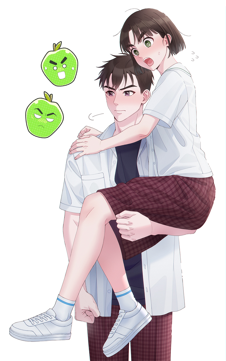 1boy, 1girl, :d, after_school_lessons_for_unripe_apples, apple, black_shirt, blush, brown_pants