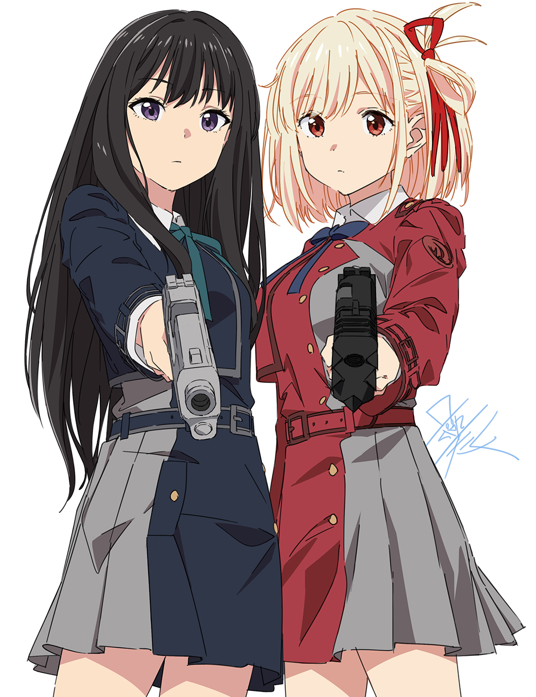 2girls, black_hair, blonde_hair, blue_dress, bob_cut, dress, grey_dress, gun