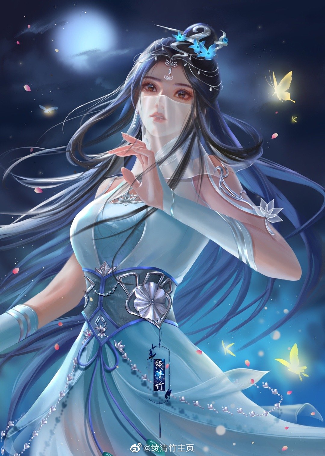 1girl, black_hair, bug, butterfly, china_dress, chinese_clothes, clouds, dress, earrings, falling_petals, flower, glowing_butterfly, hair_flower, hair_ornament, hair_rings, highres, huahua_de_wanwan_ww, jewelry, ling_qingzhu_(wu_dong_qian_kun), long_hair, needle, night, parted_lips, petals, sash, second-party_source, solo, teeth, white_dress, white_veil, wu_dong_qian_kun