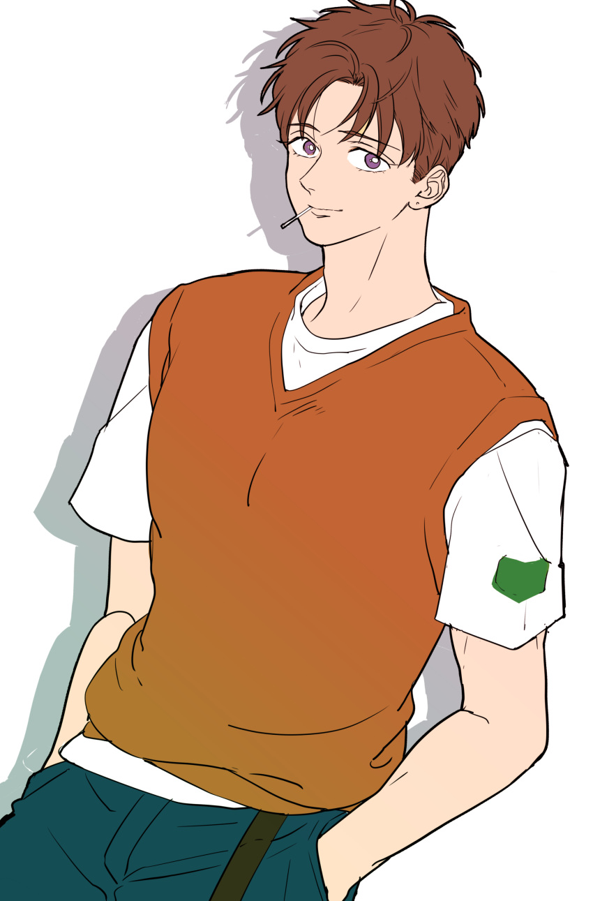 1boy, absurdres, after_school_lessons_for_unripe_apples, brown_hair, brown_vest, ear_piercing, hands_in_pockets, highres