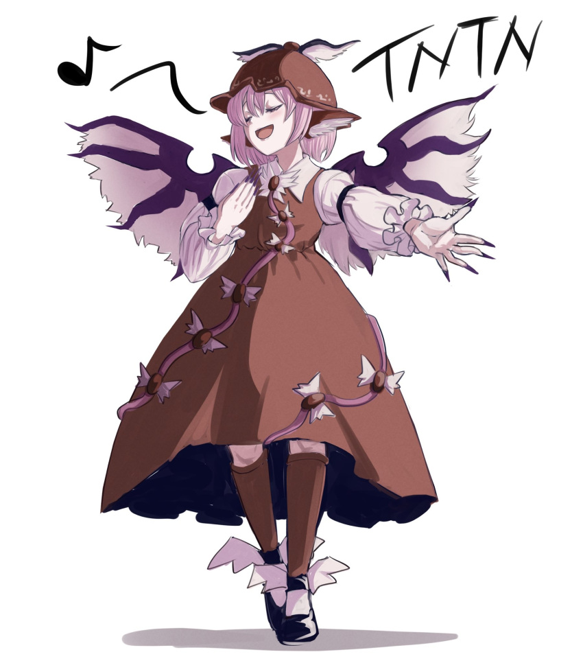 1girl, alinoce716, animal_ears, bird_ears, bird_wings, black_footwear, brown_dress, brown_headwear