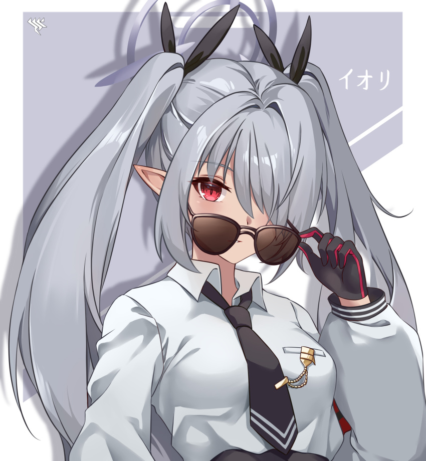 1girl, black_necktie, blue_archive, breast_pocket, breasts, character_name, collared_shirt, grey_background