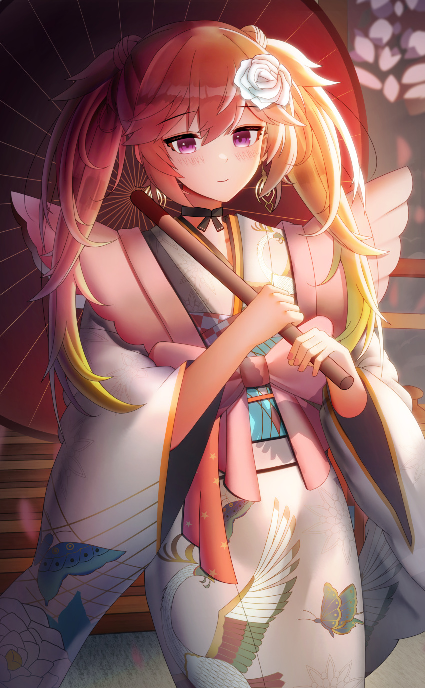 1girl, absurdres, animal_print, bangs, bird_print, blonde_hair, blush, butterfly_print