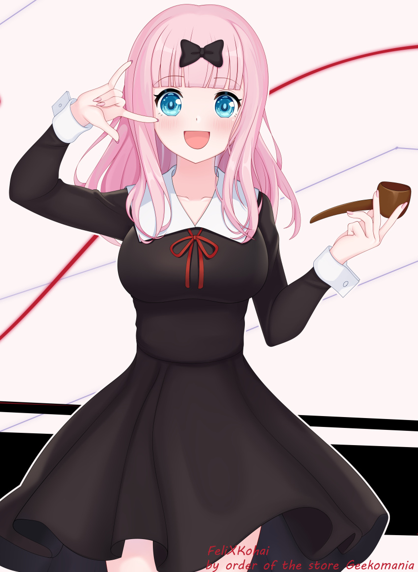 1girl, :d, absurdres, bangs, black_bow, black_dress, blue_eyes, blunt_bangs, bow, breasts, collarbone, commentary_request, dress, felixkohai, fujiwara_chika, hair_bow, hand_up, highres, holding, holding_smoking_pipe, kaguya-sama_wa_kokurasetai_~tensai-tachi_no_renai_zunousen~, large_breasts, long_hair, long_sleeves, looking_at_viewer, open_mouth, pink_hair, red_ribbon, ribbon, school_uniform, shiny, shiny_hair, shuuchiin_academy_school_uniform, smile, smoking_pipe, solo