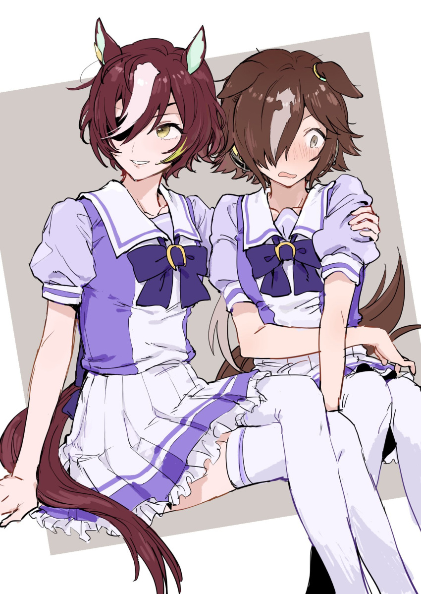 2girls, animal_ears, blush, brown_hair, crossed_legs, ears_down, eyepatch, hair_over_one_eye